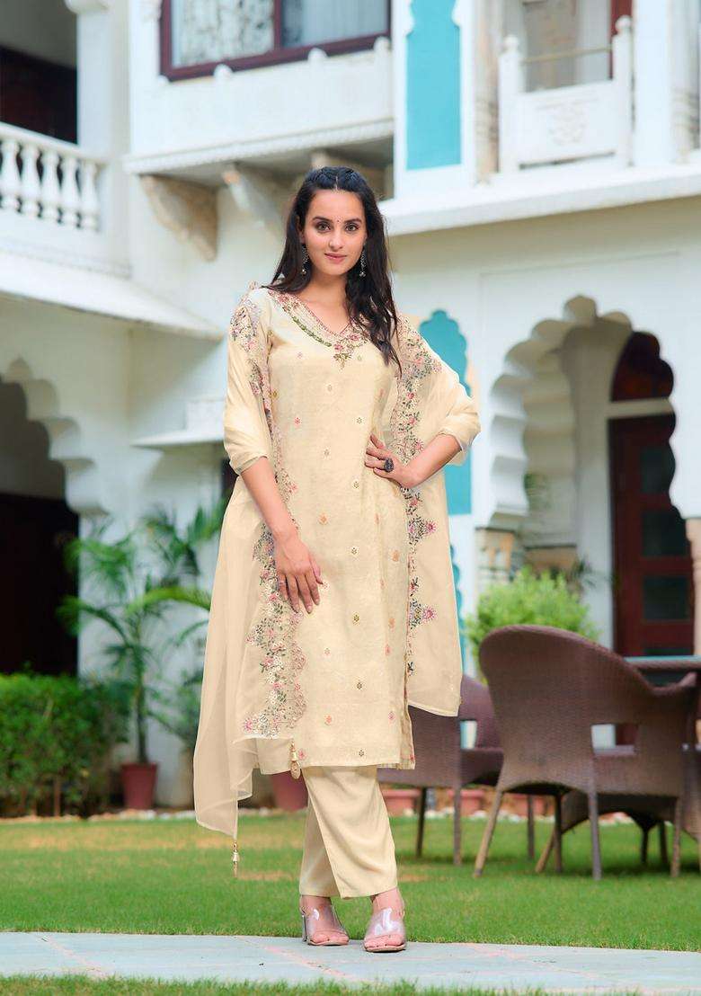Cream Embroidered Jacquard Straight Kurta Set - Indya