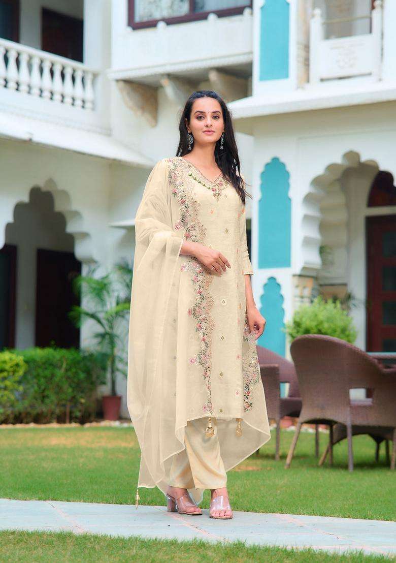 Cream Embroidered Jacquard Straight Kurta Set - Indya