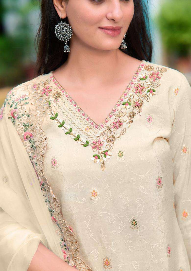 Cream Embroidered Jacquard Straight Kurta Set - Indya