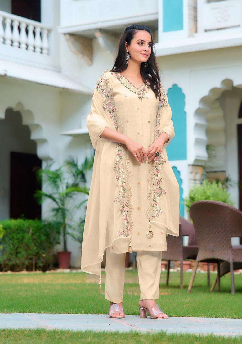 Cream Embroidered Jacquard Straight Kurta Set - Indya