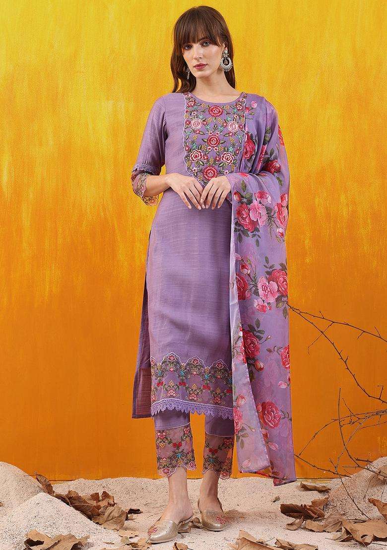 Lavender Embroidered Chanderi Straight Kurta Set - Indya