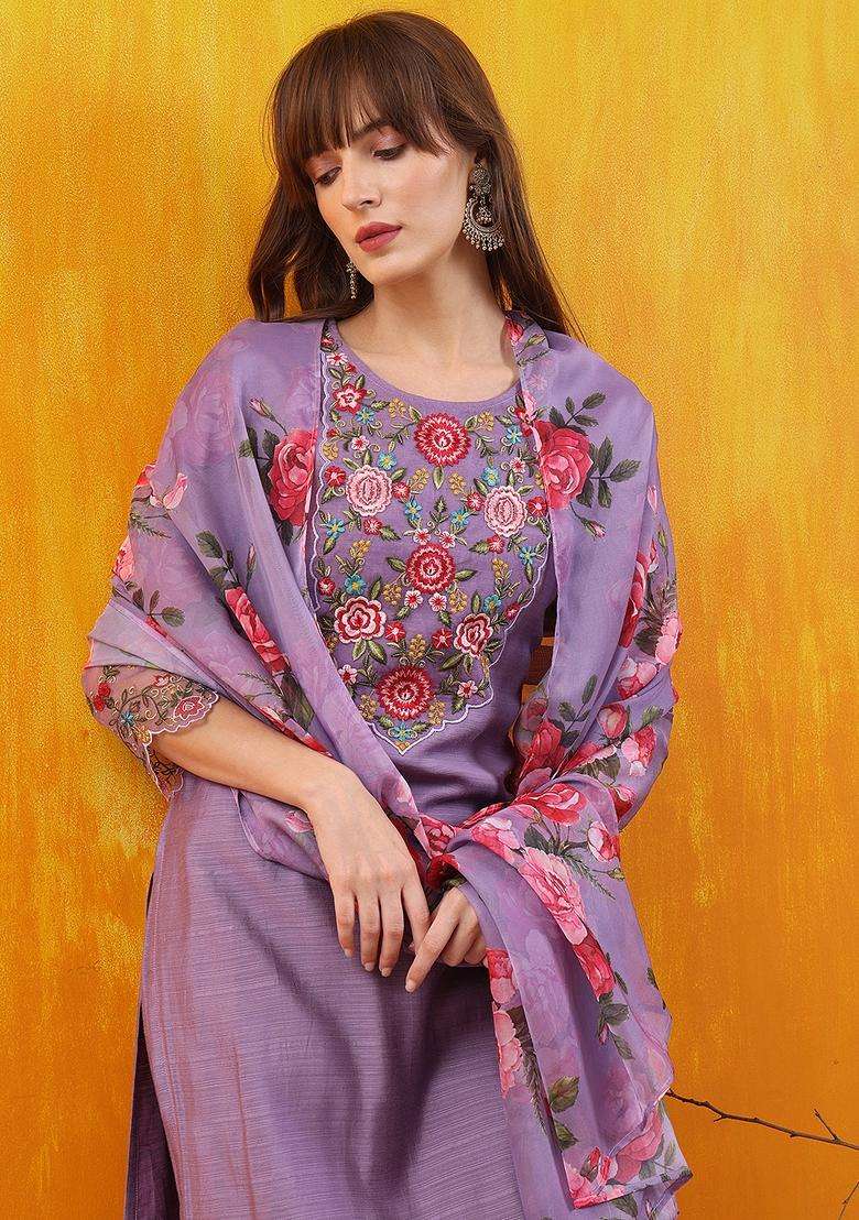 Lavender Embroidered Chanderi Straight Kurta Set - Indya