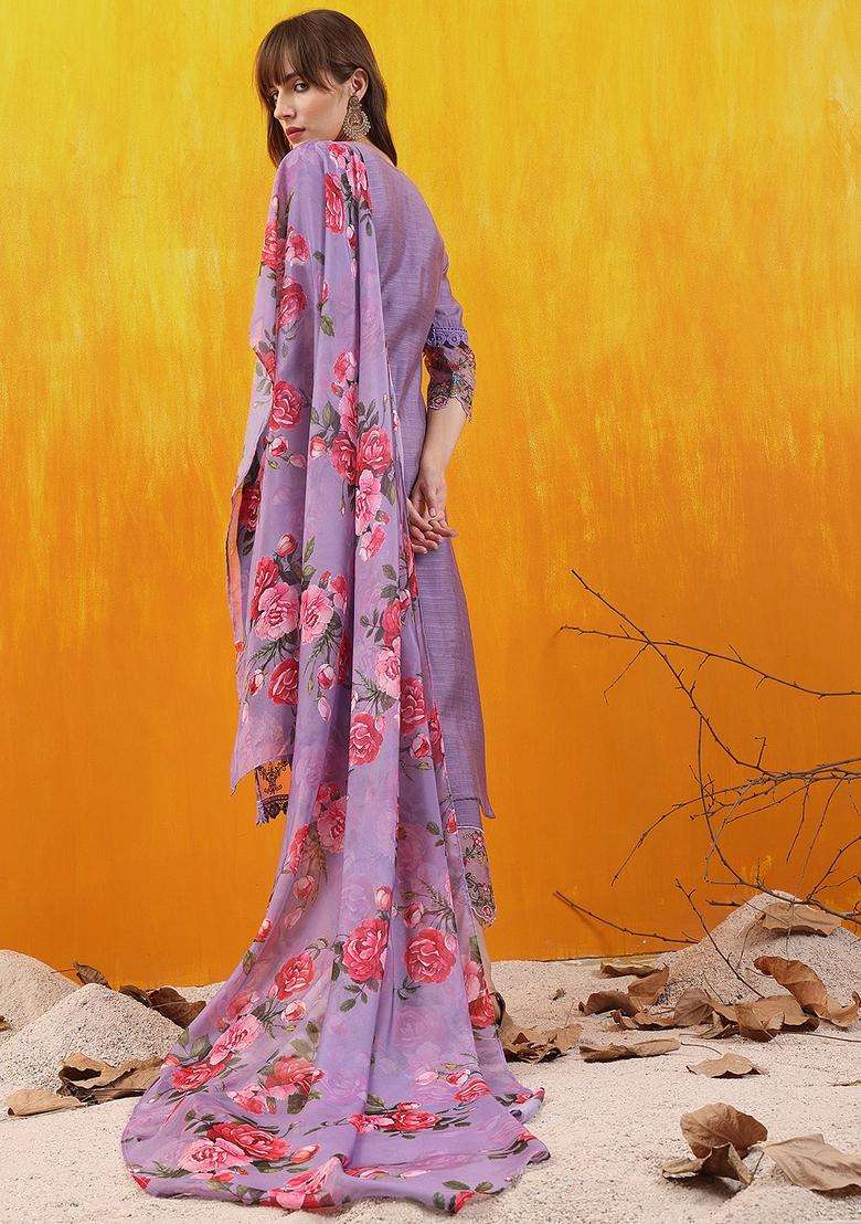 Lavender Embroidered Chanderi Straight Kurta Set - Indya