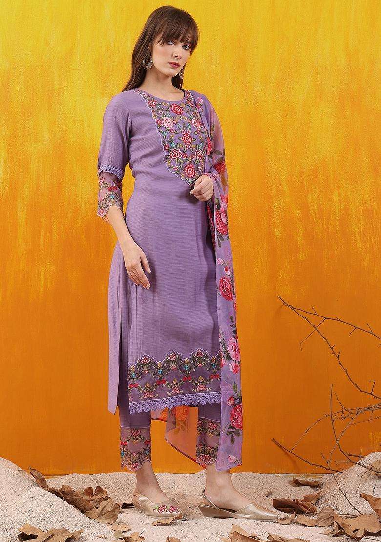 Lavender Embroidered Chanderi Straight Kurta Set - Indya