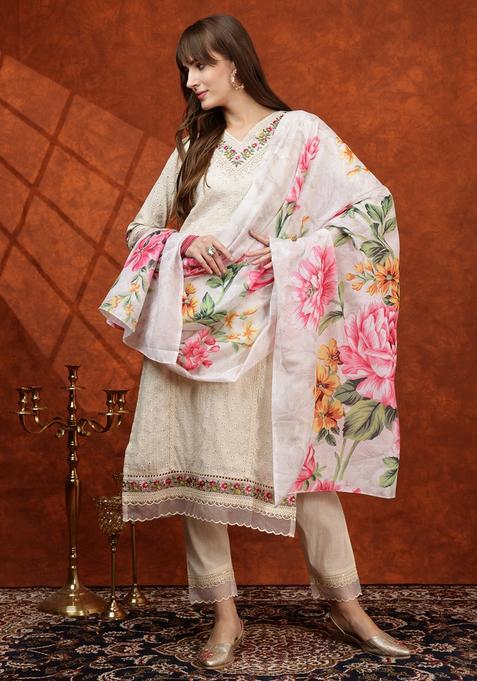 White Embroidery Cotton Kurta Set
