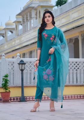 Blue Embroidery Rayon Kurta Set