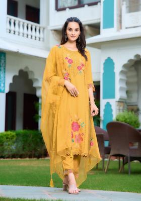 Yellow Embroidery Rayon Kurta Set