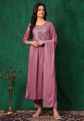 Lavender Embroidery Chinnon Kurta Set