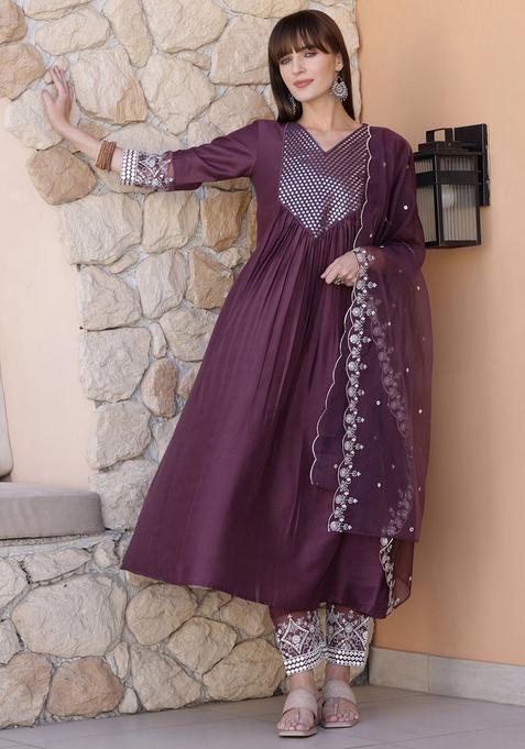 Mauve Embroidery Silk Kurta Set