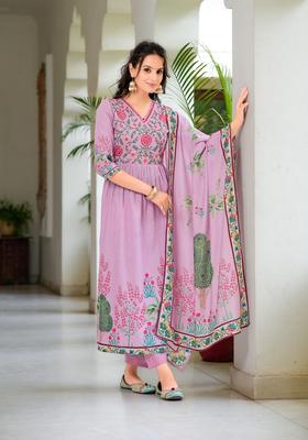 Lavender Embroidery Cotton Kurta Set