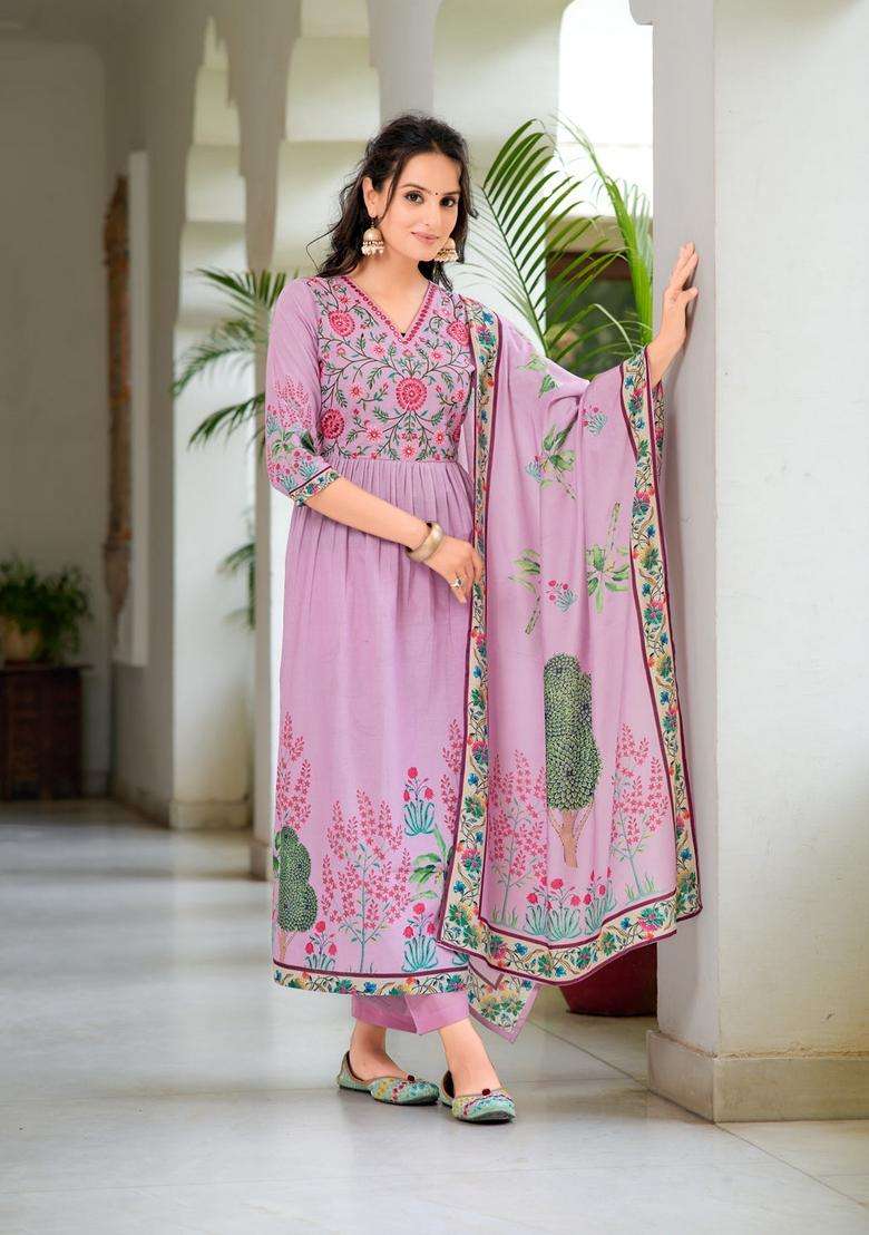 Lavender Embroidered Cotton Anarkali Set - Indya