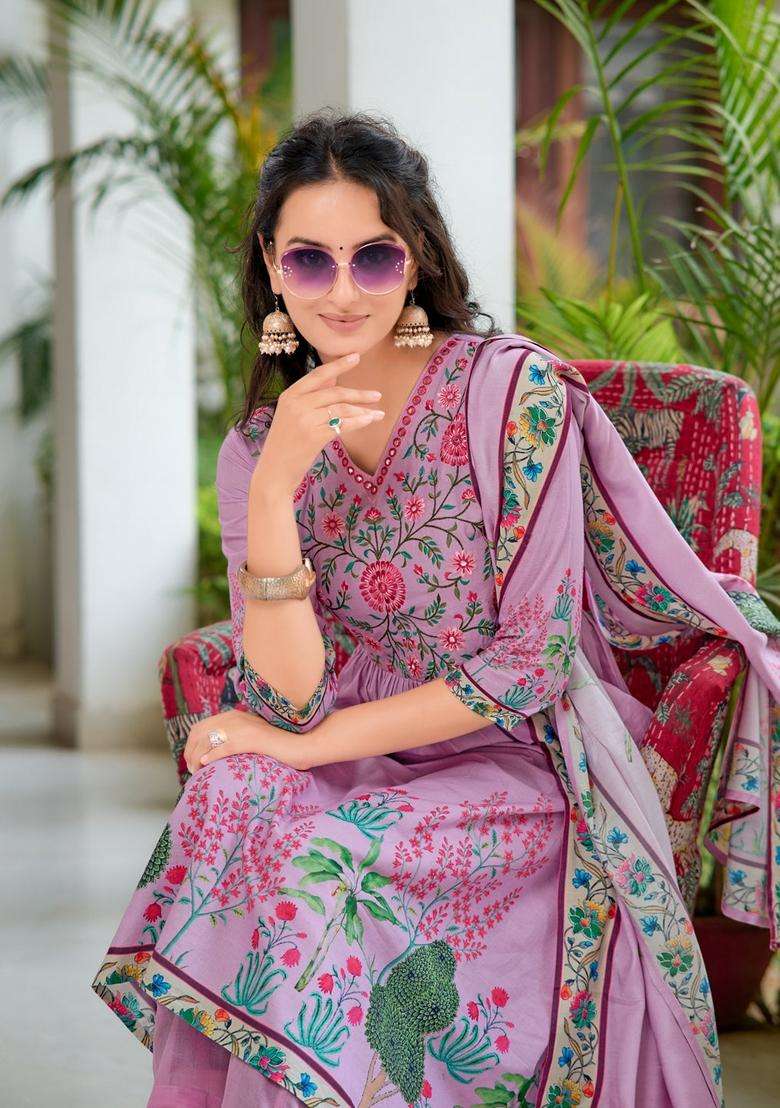 Lavender Embroidered Cotton Anarkali Set - Indya