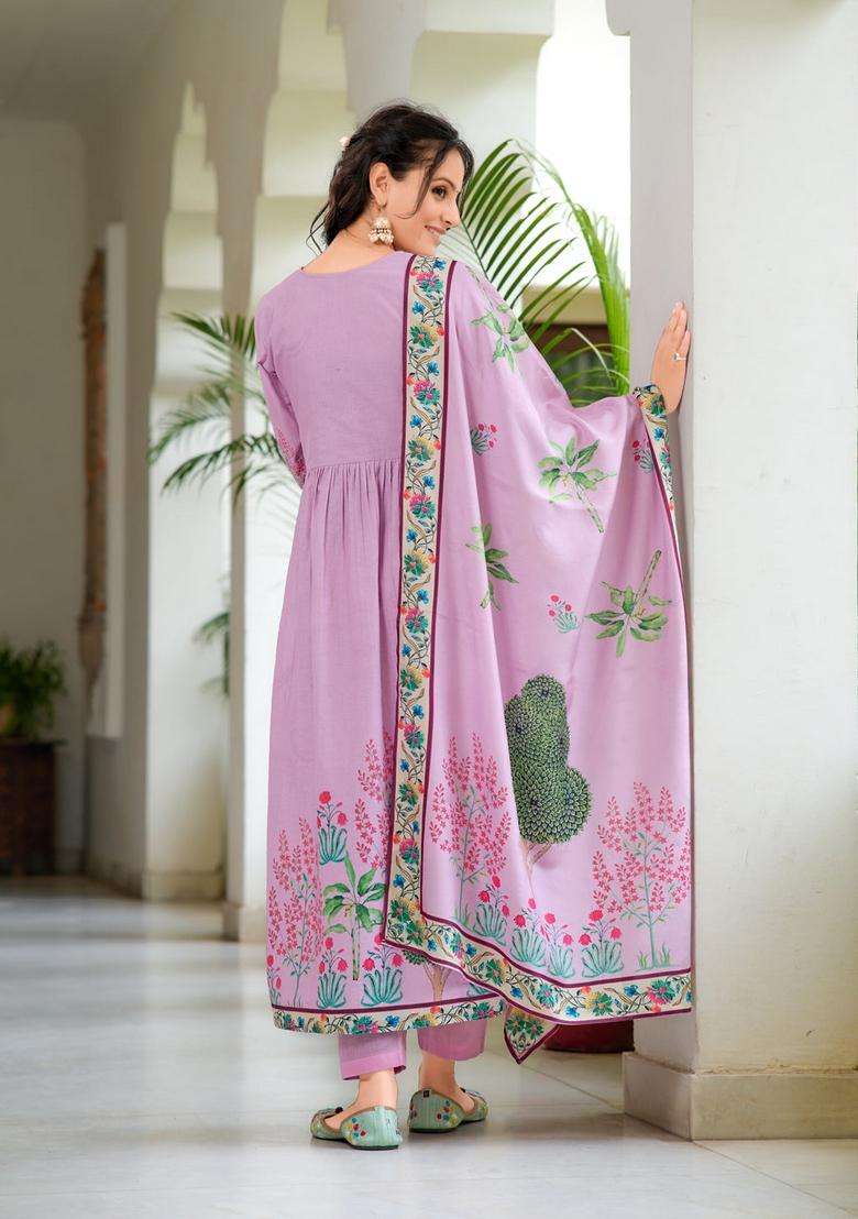 Lavender Embroidered Cotton Anarkali Set - Indya