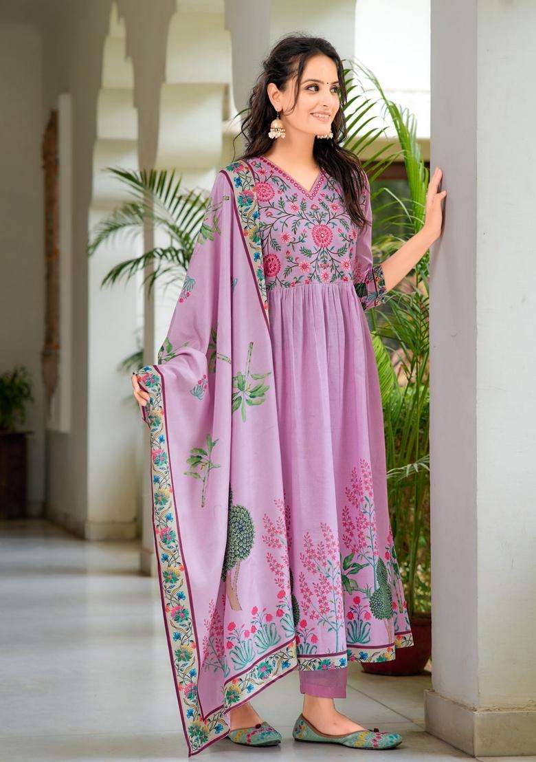 Lavender Embroidered Cotton Anarkali Set - Indya
