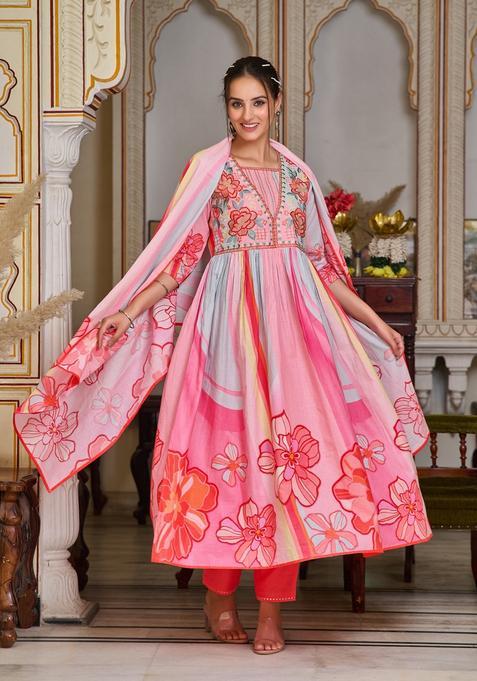 Pink Embroidery Cotton Kurta Set