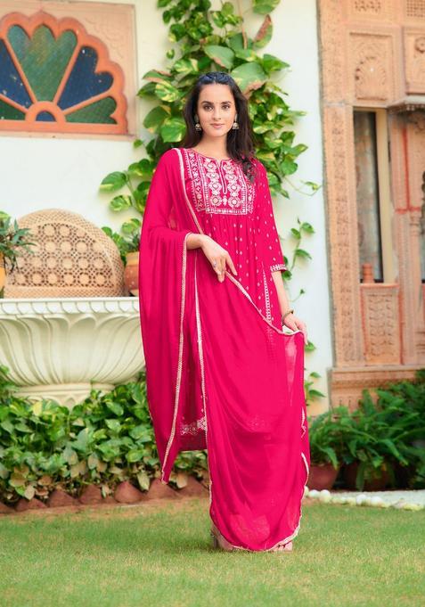 Pink Embroidery Rayon Kurta Set