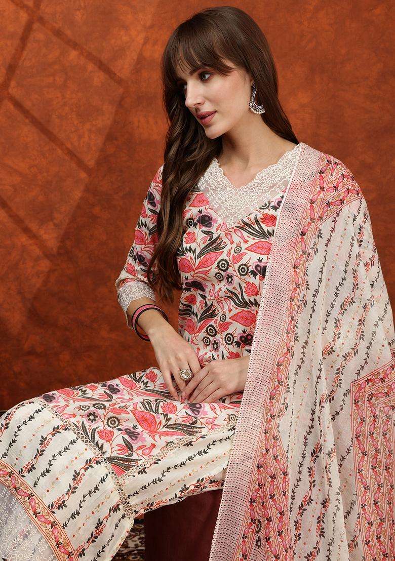 Pink Floral Print Cotton Straight Kurta Set - Indya