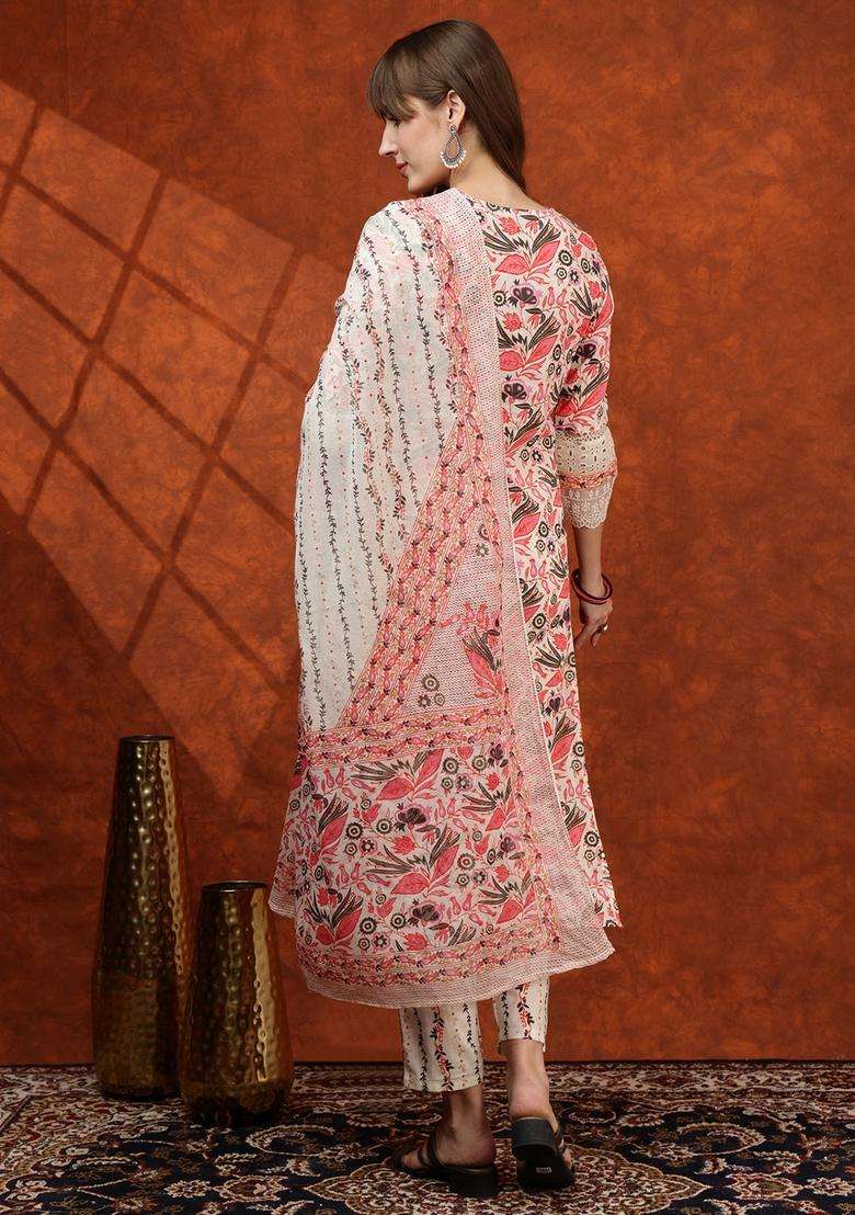 Pink Floral Print Cotton Straight Kurta Set - Indya