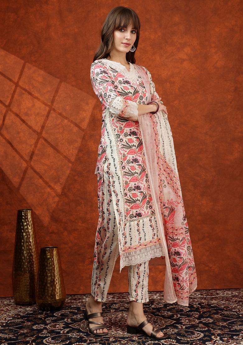 Pink Floral Print Cotton Straight Kurta Set - Indya