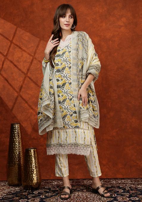 Yellow Embroidery Cotton Kurta Set