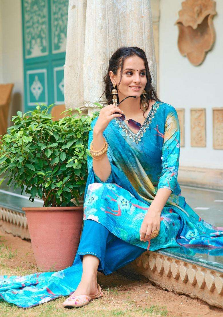 Blue Printed Silk Straight Kurta Set - Indya