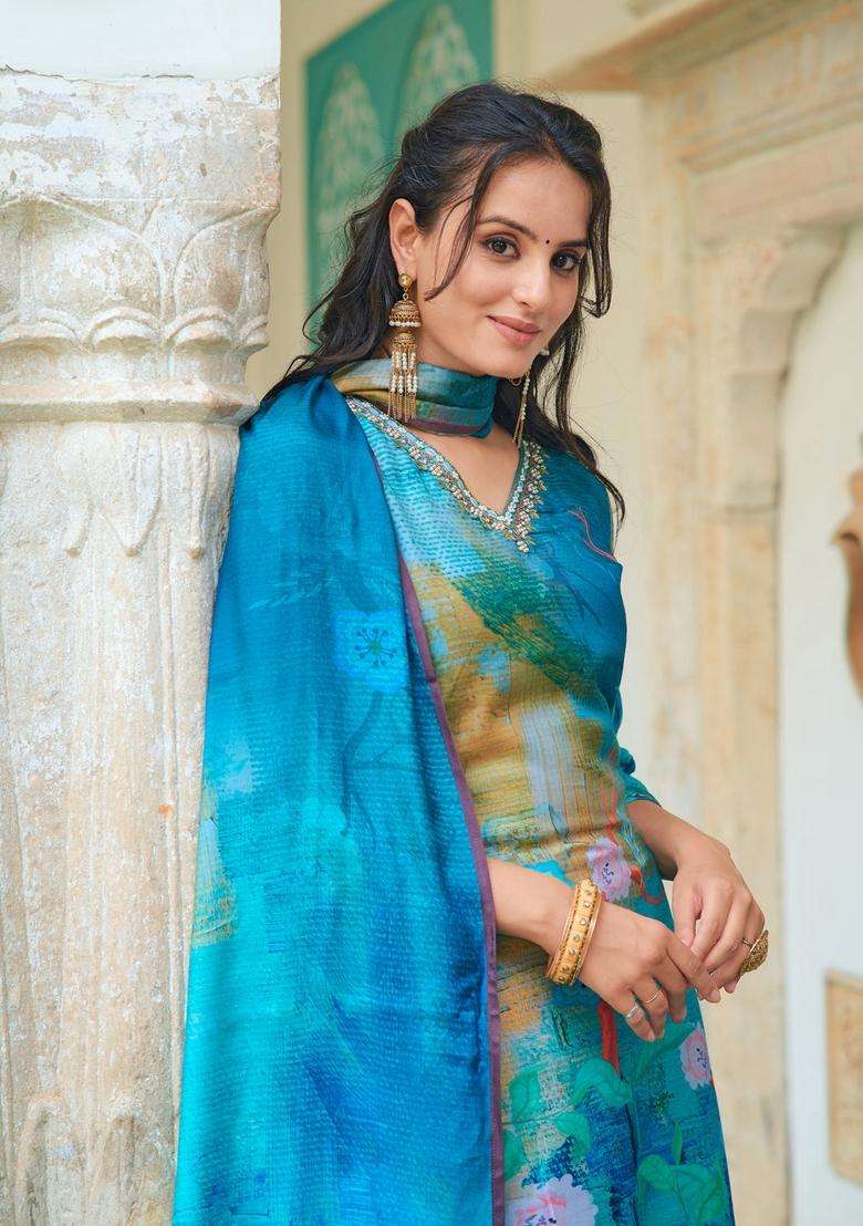Blue Printed Silk Straight Kurta Set - Indya