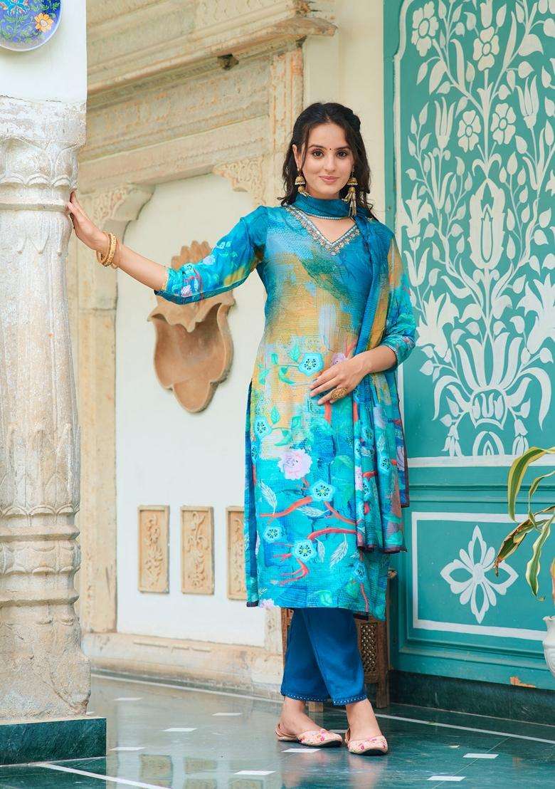 Blue Printed Silk Straight Kurta Set - Indya