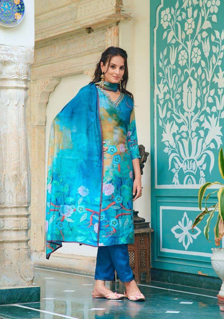 Blue Printed Silk Straight Kurta Set - Indya