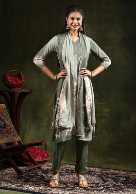 Green Printed Muslin A Line Kurta Set