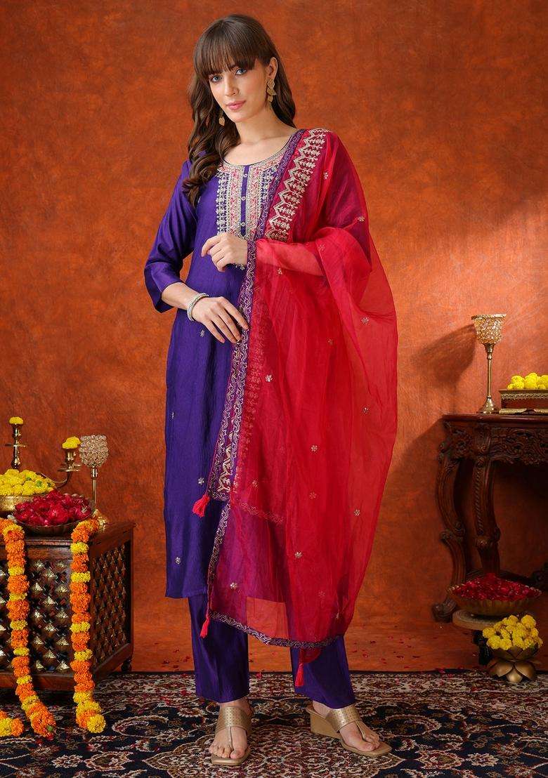 Purple Embroidered Chanderi Straight Kurta Set - Indya