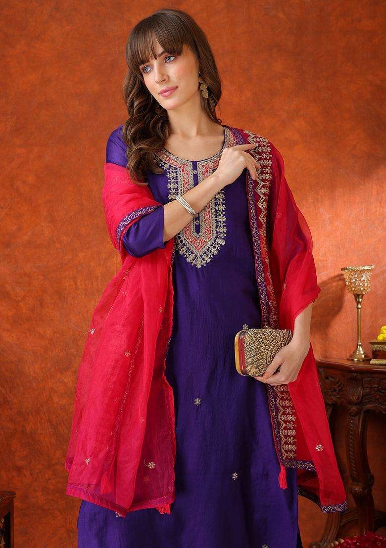 Purple Embroidered Chanderi Straight Kurta Set - Indya