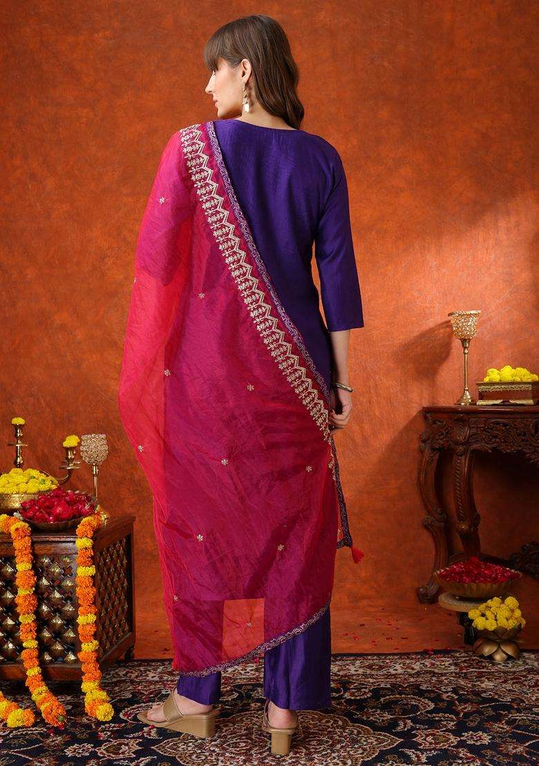 Purple Embroidered Chanderi Straight Kurta Set - Indya