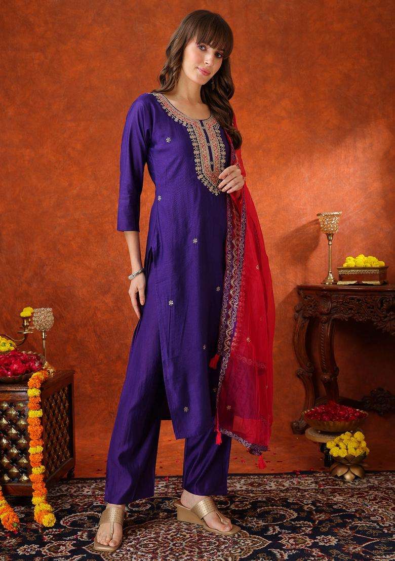 Purple Embroidered Chanderi Straight Kurta Set - Indya