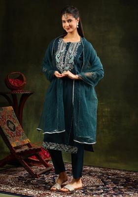 Teal Embroidery Chanderi Kurta Set