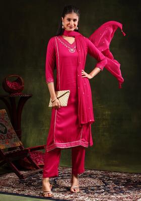Pink Embroidery Rayon Kurta Set