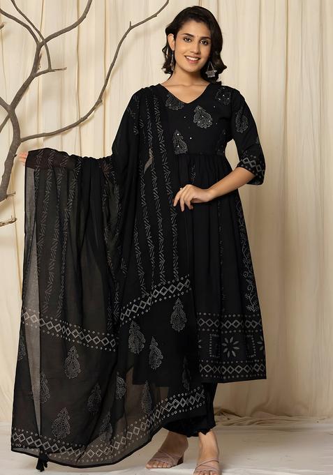 Black Embroidery Cotton Kurta Set