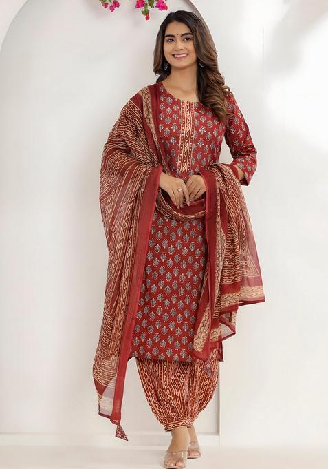 Rust Embroidery Cotton Kurta Set