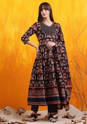 Black Embroidery Cotton Kurta Set