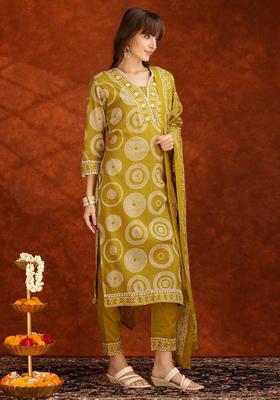 Yellow Embroidery Cotton Kurta Set