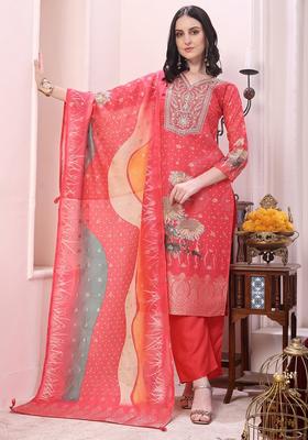 Coral Embroidery Silk Kurta Set