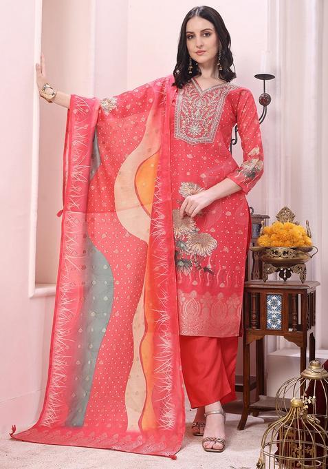 Coral Embroidered Silk Straight Kurta Set