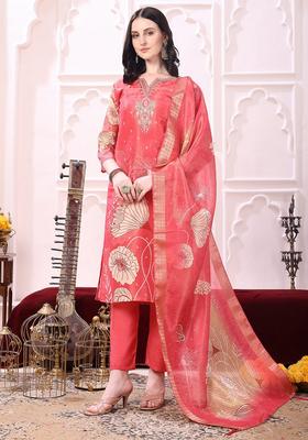 Coral Embroidery Silk Kurta Set