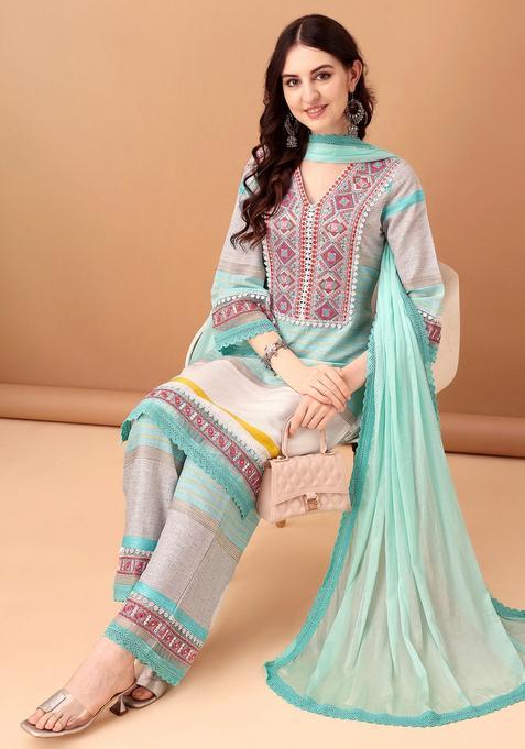 Blue Embroidery Cotton Kurta Set