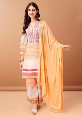 Orange Embroidery Cotton Kurta Set