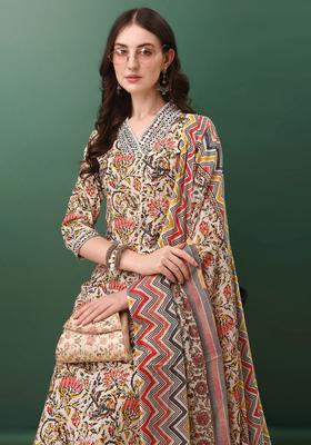 Cream Embroidery Cotton Kurta Set