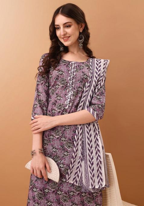 Lavender Embroidery Cotton Kurta Set