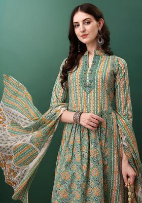 Green Printed Cotton Anarkali Set