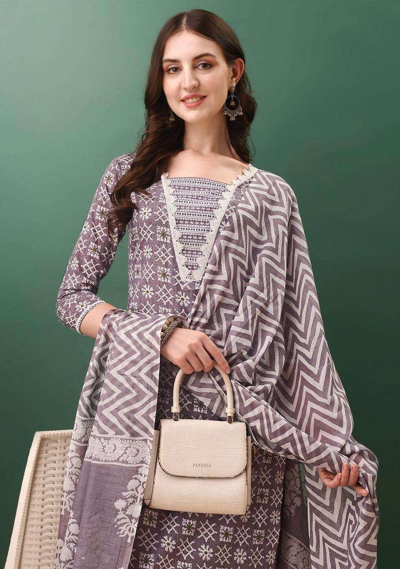 Lavender Printed Cotton Straight Kurta Set - Indya