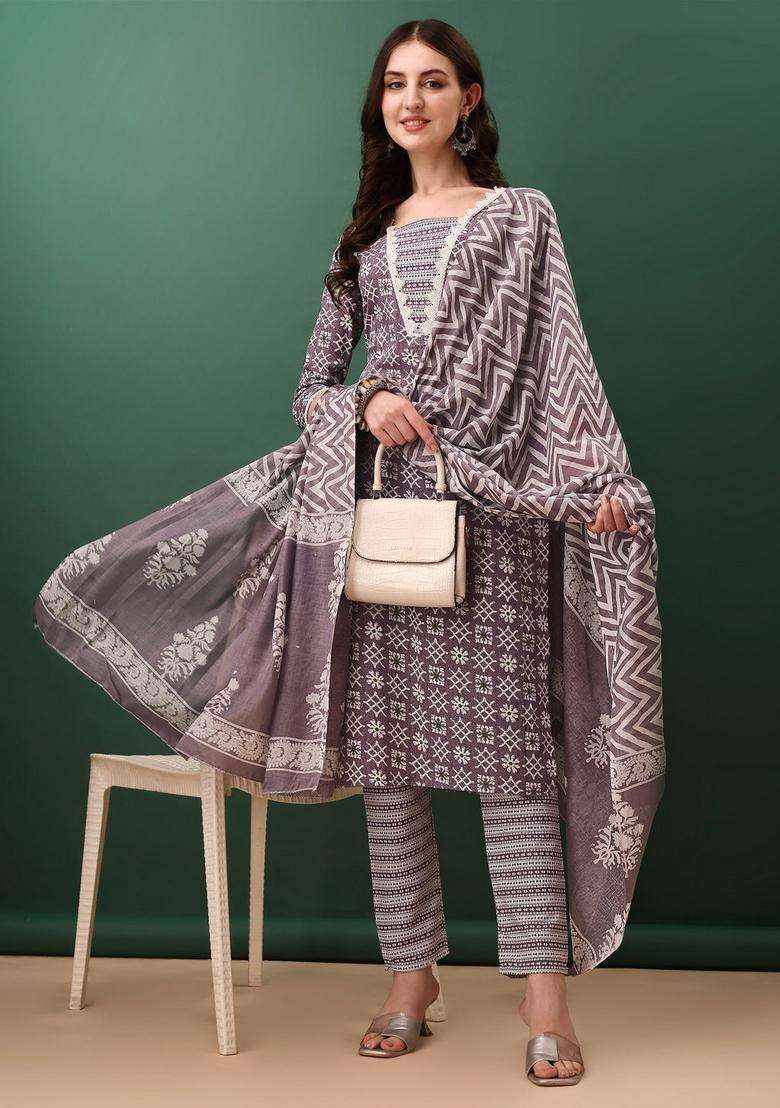 Lavender Printed Cotton Straight Kurta Set - Indya