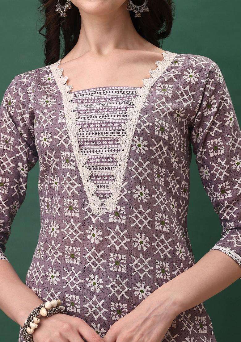 Lavender Printed Cotton Straight Kurta Set - Indya